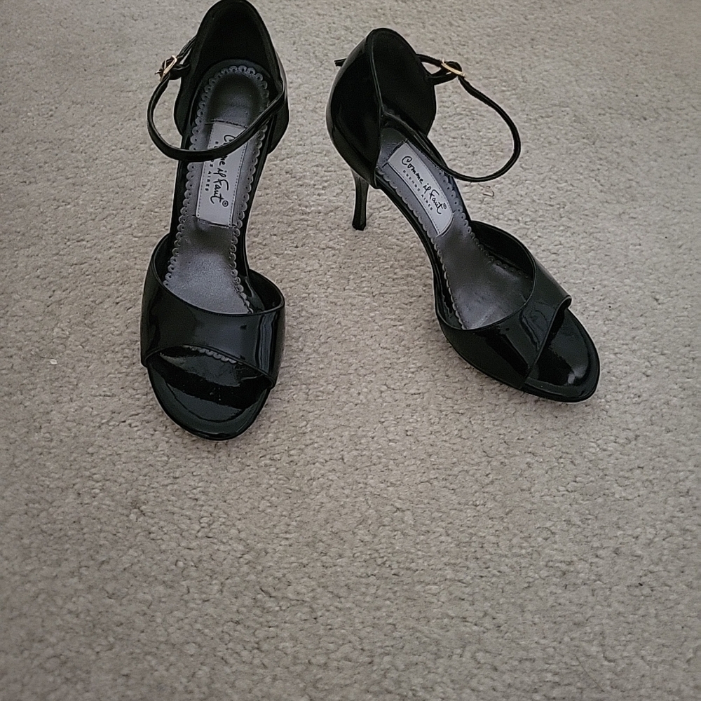 Comme Il Faut Argentine Tango Black Patent Ankle-Strap Open-Toe Heels 37 7 - Picture 2 of 7